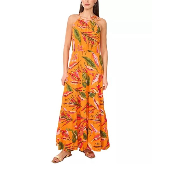 Vince Camuto Sz. Large NWT Tiered High-Neck Leaf-Print Maxi Dress Tropical Flowy - Picture 1 of 9